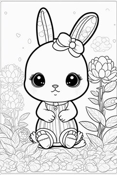 Black and white image of coloring page for kid's cute Rabbit