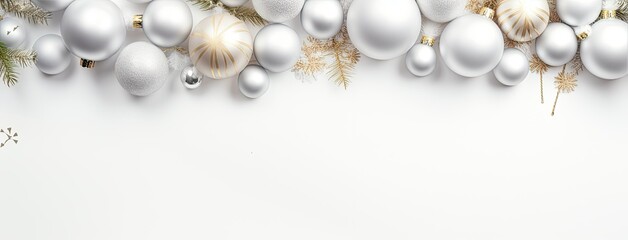 a Christmas or New Year banner set against a snowy white background. The banner is elegantly framed by matching white Christmas decorations, creating a serene winter wonderland ambiance. - obrazy, fototapety, plakaty