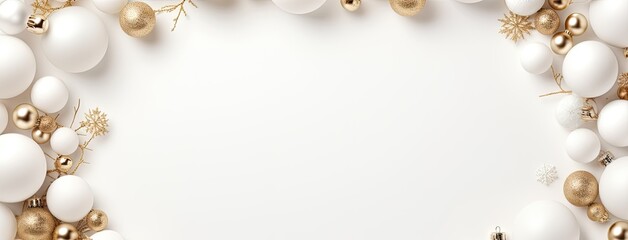 a Christmas or New Year banner set against a snowy white background. The banner is elegantly framed by matching white Christmas decorations, creating a serene winter wonderland ambiance.