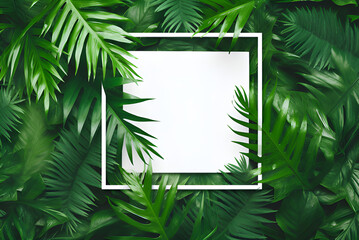 Tropical Green Leaves and Palms With White Paper Note Frame, Nature Flat Lay Concept. Frame