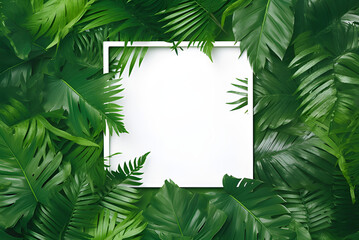 Tropical Green Leaves and Palms With White Paper Note Frame, Nature Flat Lay Concept. Frame