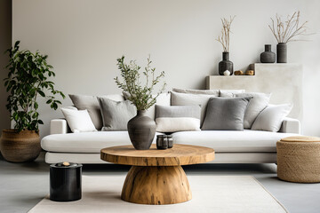 Rustic round wood table near sofa with grey pillows. Scandinavian home interior design of modern living room. - obrazy, fototapety, plakaty