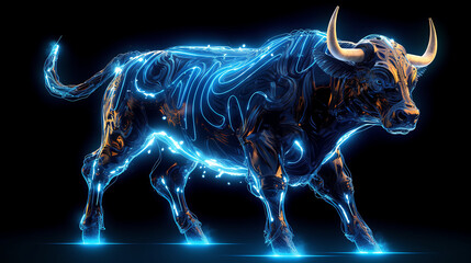 Obraz na płótnie Canvas A picture of a muscular bull radiating blue electricity generative ai