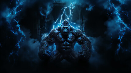  A picture of a muscular gorilla emitting blue electricity generative ai - obrazy, fototapety, plakaty