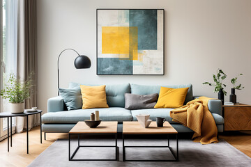 Blue sofa with yellow pillows and blanket against beige wall with frame poster. Scandinavian home interior design of modern living room. - obrazy, fototapety, plakaty