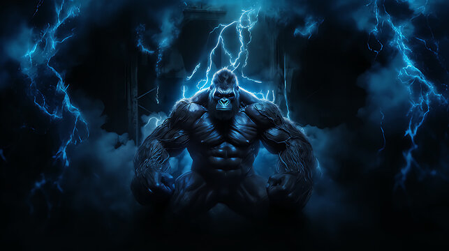  A picture of a muscular gorilla emitting blue electricity generative ai