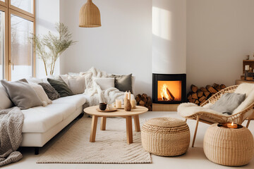 Fototapeta na wymiar Rattan lounge chair, wicker, pouf and white sofa by fireplace. Scandinavian, hygge home interior design of modern living room.