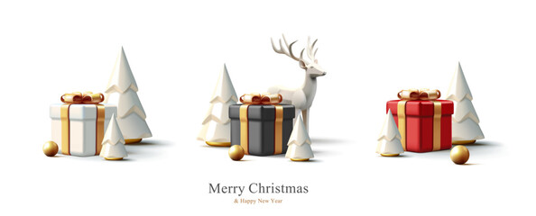 Christmas decorations vector collection. Set of realistic 3d white gold trending statuettes for christmas design isolated on white background. Christmas tree, deer, gift box.