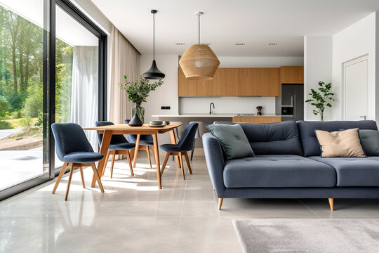 Navy blue sofa in studio apartment. Scandinavian home interior design of modern living room and kitchen.