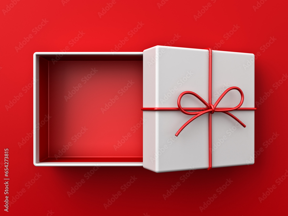 Aufkleber Top view of minimal white gift box open with blank red bottom box inside or present box tied with red rope ribbon and bow isolated on dark red background with shadow minimal conceptuals 3D rendering