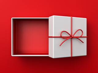 Top view of minimal white gift box open with blank red bottom box inside or present box tied with red rope ribbon and bow isolated on dark red background with shadow minimal conceptuals 3D rendering