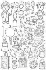 Fototapeta premium Lot of object line art for kids white bac