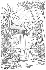 Natural jungle line art coloring page for kids sun wate