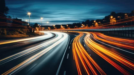 Fotobehang High speed urban traffic on a city highway during evening rush hour, car headlights and busy night transport captured by motion blur lighting effect and abstract long exposure photography © mozZz