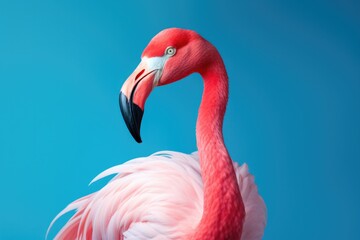 Close up portrait flamingo on coloured background.