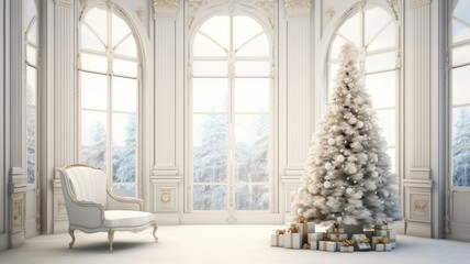 a majestic Christmas tree in a spacious, white room with arched windows. Adjacent to the tree is a white chair, and beneath the tree lie numerous white gifts, toys.