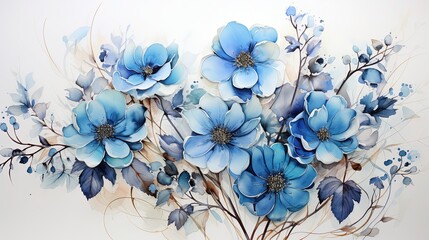 Obraz premium blue flowers background design , aesthetic , beautiful , water painting , brown leaves