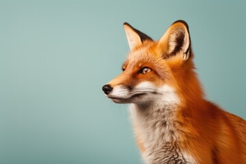 One portrait of fox on studio coloured background.