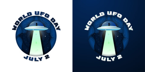 Set of World UFO Day Emblem and Logo in paper cut-out concept on white and blue gradient backgrounds. July 2. Sci-fi typography around icon. Editable Vector Illustration. 
