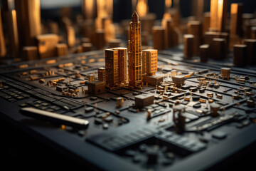Architectural 3D city project on a large table project presentation. Toy macro city.