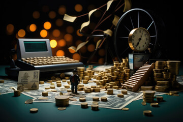 Business concept background with an office desk on which coins, money, small devices and toy figurines of people are placed. Macro shot of different business counting items and contracts.