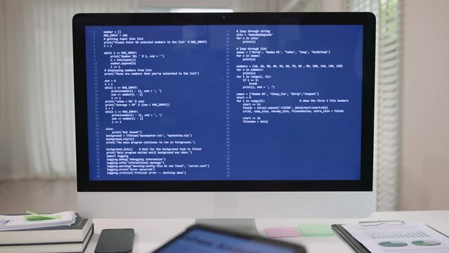Smart AI cyber bot autocode deep tech tools help write prompt auto code text screen. Group IT team people Autocoding typing work on predict big data center office reskill upskill STEM expert skill job