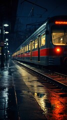 Fototapeta na wymiar Train on the platform during the rain in the evening.