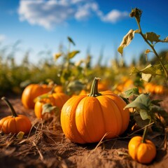 Pumpkins close-up on the field.