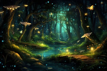 A magical forest with sparkling fireflies and whimsical creatures living among the trees.