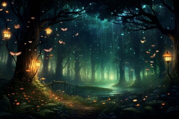 Naklejka premium A magical forest with sparkling fireflies and whimsical creatures living among the trees.