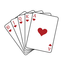 Playing cards - a poker hand consisting of a royal flush hearts 10 J Q K A, vector illustration isolated on white