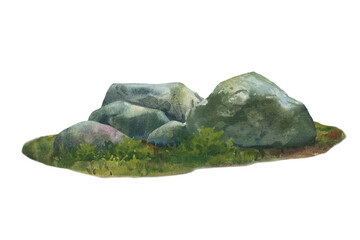 Forest landscape with rocks and grass. Hand drawn watercolor illustration isolated on white background.