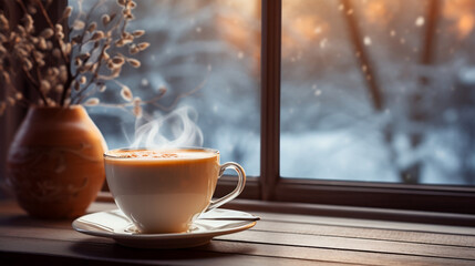 A steaming hot coffee on a wooden table by a window on a beautiful snowy winter day. Copy space. 