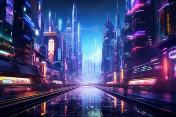 A futuristic cyberpunk city with neon lights and holographic billboards, depicting a dystopian metropolis.