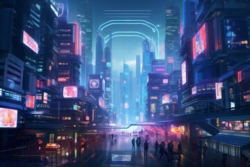 Fototapeta na wymiar A futuristic cyberpunk city with neon lights and holographic billboards, depicting a dystopian metropolis.