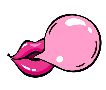 Lips and bubble. Woman pink lips with gum bubble isolated on pop art background. Vector image isolated on a white background.