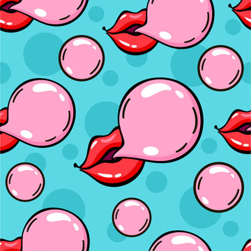 Lips blowing bubble gum seamless pattern. 70s, 80s, 90s vibes funky background. Retro mouth illustration. Vintage nostalgia texture for design and print. Cute print. Trendy wrapping paper.