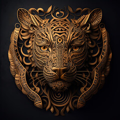 Regal Gaze: Gold and Stone Mayan Tiger, Intricately Designed, Against a Black Backdrop