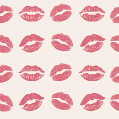 Seamless pattern of pink lips kissing prints. Vector pattern with colorful lips isolated on beige background. Lips print seamless pattern. For print, fabric, invitation, brochure, card, wallpaper