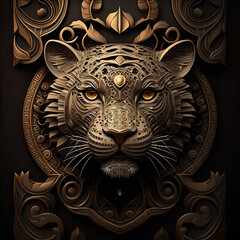 Fototapeta na wymiar Mayan Mystique: A Tiger in Gold and Stone, Ornately Presented Against Black