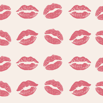 Seamless pattern of pink lips kissing prints. Vector pattern with colorful lips isolated on beige background. Lips print seamless pattern. For print, fabric, invitation, brochure, card, wallpaper