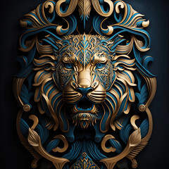Intricate Ancestry: Blue and Gold Mayan Lion Art, Elegantly Contrasted on Black