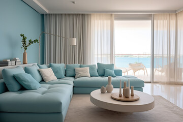 A Tranquil Living Room: A Serene Oasis of Modern Elegance and Comfort, Bathed in Soothing Cyan, Creating a Peaceful Sanctuary for Relaxation and Rejuvenation.