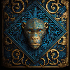 Mayan Majesty: A Lion in Intricate Blue and Gold Detailing, Poised Against Black