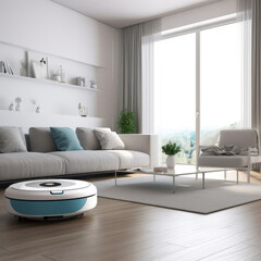 battery powered vacuum cleaner.robotic vacuum cleaner on floor in action.Background