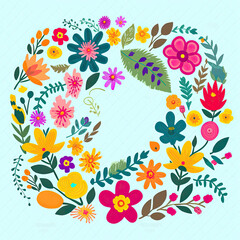 Fototapeta na wymiar Springtime Embrace: Colorful Bouquet and Heart Frame Wreath in a Seamless Floral Clipart Pattern