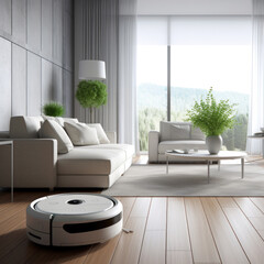 battery powered vacuum cleaner.robotic vacuum cleaner on floor in action.Background