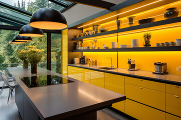 A Stylish and Spacious Yellow Kitchen: Illuminated with Modern Elegance, Vibrant Lighting, and Refreshing Natural Light