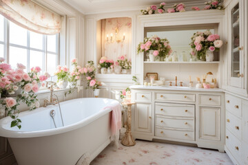 Fototapeta na wymiar Step into a charming retreat of vintage elegance with distressed furniture, delicate oasis, and vintage floral wallpaper, creating a romantic ambiance in this shabby chic bathroom renovation.