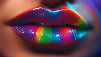 Close up of lips with rainbow colored lipstick. - obrazy, fototapety, plakaty